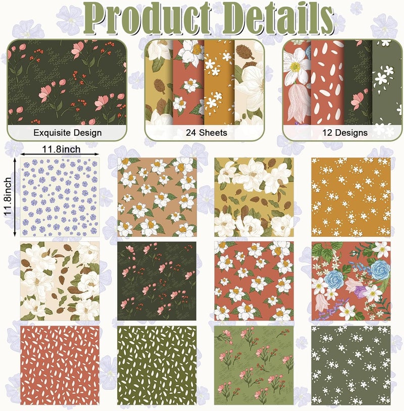 EggSun 48 Sheets Scrapbook Paper 11x11, Vintage Floral Pattern Decorative Scrapbook Paper for Journals DIY Cards and Photo Albums, Aesthetic Craft Supplies for Kids and Adults - Image 4